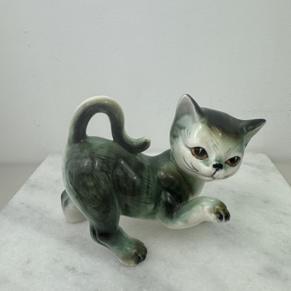 Vintage Kitty Cat W/Pink & Black Eyes Hand Painted Ceramic Figurine  Adorable